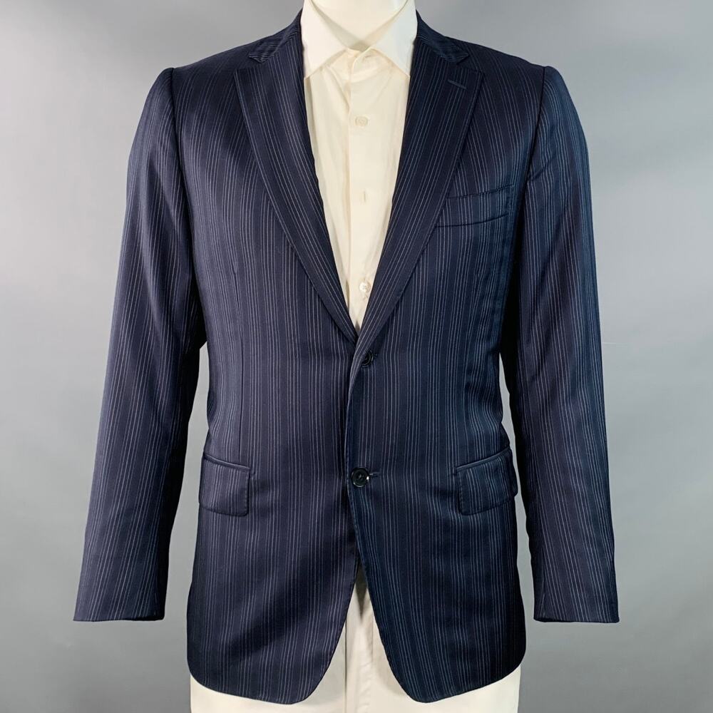 ISAIA Size 42 Regular Navy Blue White Stripe Wool Twill Sport Coat